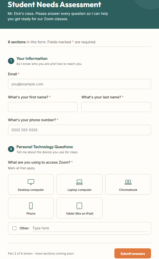 Student Needs Form